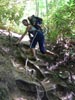 Christa, negotiating the tricky ravine crossing with Mateo.