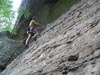 Joel, topping out on a climb at Practice Wall, Muir Valley.